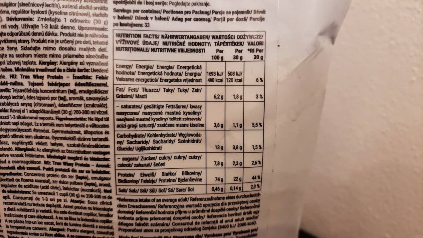 True Whey GymBeam nutričné hodnoty